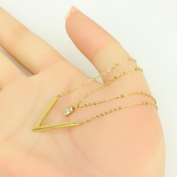 Yellow Gold Double Layer V Pendant Necklace, XPNL0359 - Picture 4 of 13